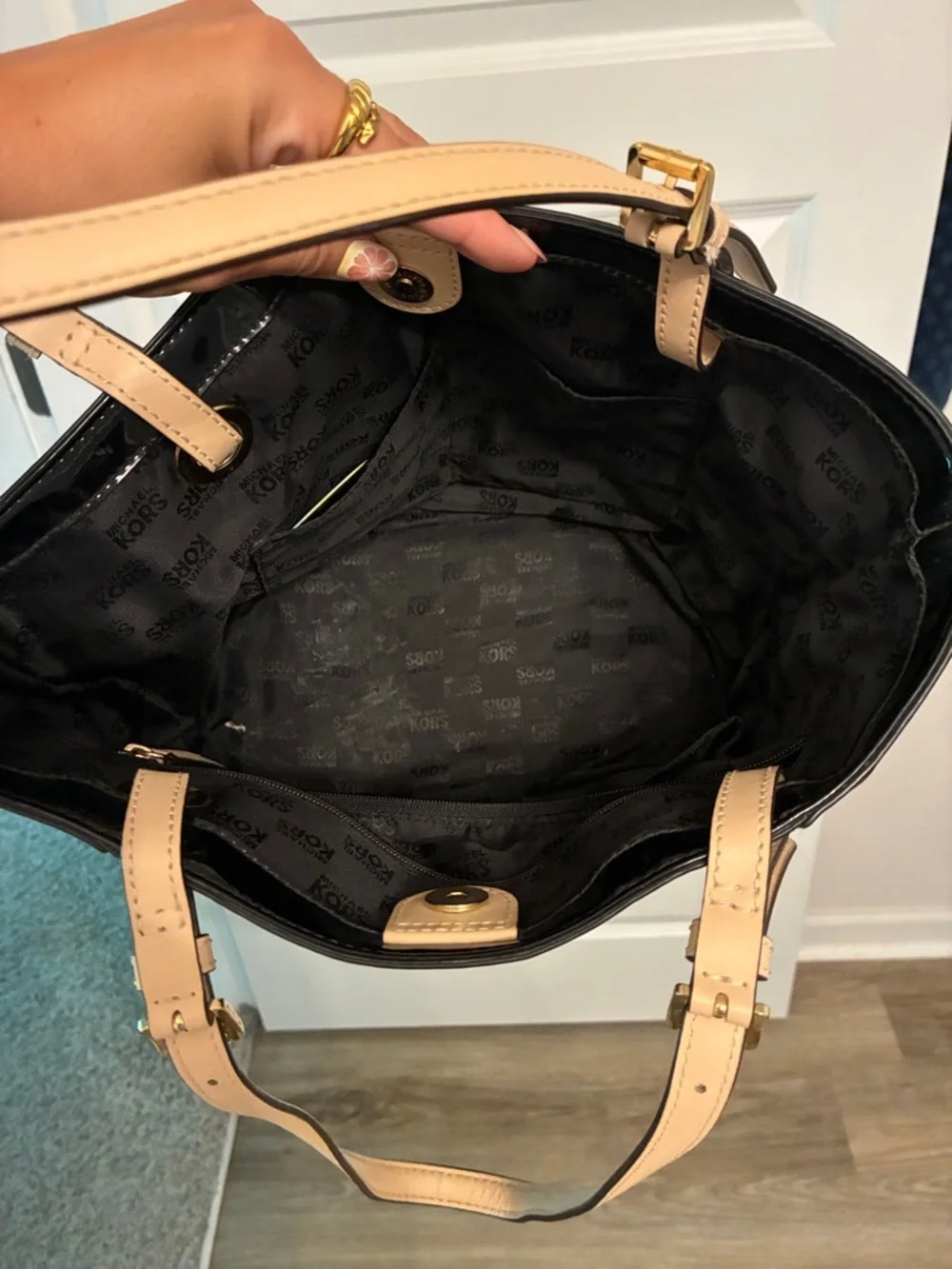 Michael Kors Black Patent Tote with Tan Handles - Picture 3 of 3